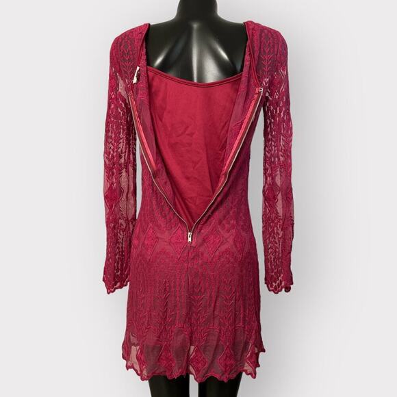 Ecote Red Mesh Lace Long Sleeve Mini Dress Womens sz M Soft Pink Burgundy Sexy - Picture 5 of 8